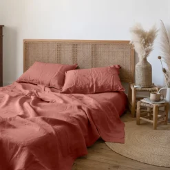 Draps De Lit|Carré Blanc Drap de lit lin lavé Songe terre cuite