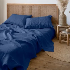 Draps De Lit|Carré Blanc Drap de lit lin lavé Songe bleu de chine