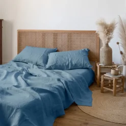 Draps De Lit|Carré Blanc Drap de lit lin lavé Songe bleu baltique