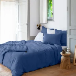 Plaids Et Couvre-lits|Plaids|Carré Blanc Edredon lin lavé Songe bleu de chine
