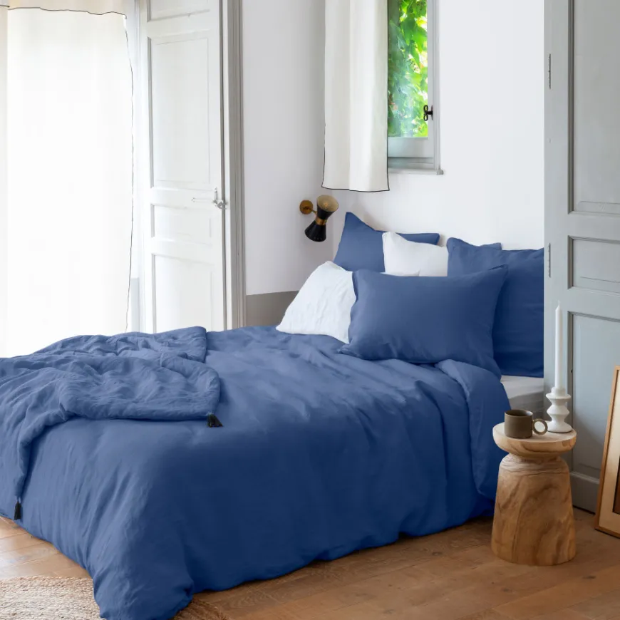 Plaids Et Couvre-lits|Plaids|Carré Blanc Edredon lin lavé Songe bleu de chine