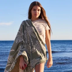 La Plage|Carré Blanc Fouta coton Cocotier kaki
