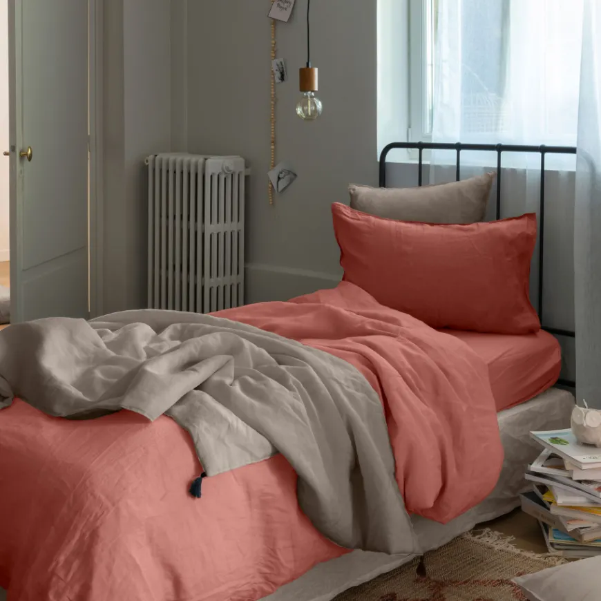 Housses De Couette|Carré Blanc Housse de couette enfant lin et coton lavé Songe terre cuite
