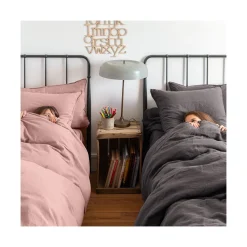 Housses De Couette|Carré Blanc Housse de couette enfant lin et coton lavé Songe rose cendré
