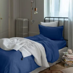 Housses De Couette|Carré Blanc Housse de couette enfant lin et coton lavé Songe bleu de chine