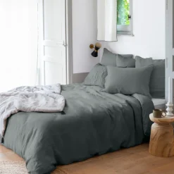 Housses De Couette|Carré Blanc Housse de couette lin et coton lavé Songe kaki cendré
