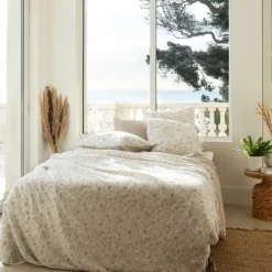 Housses De Couette|Carré Blanc Housse de couette lin et coton lavé Songe grège floral