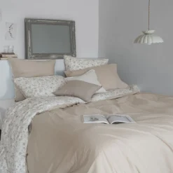 Housses De Couette|Carré Blanc Housse de couette lin et coton lavé Songe grège floral