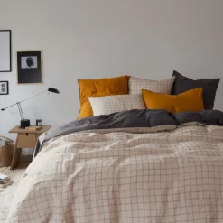 Housses De Couette|Carré Blanc Housse de couette lin et coton lavé Songe charbon carreaux