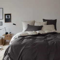 Housses De Couette|Carré Blanc Housse de couette lin et coton lavé Songe charbon carreaux