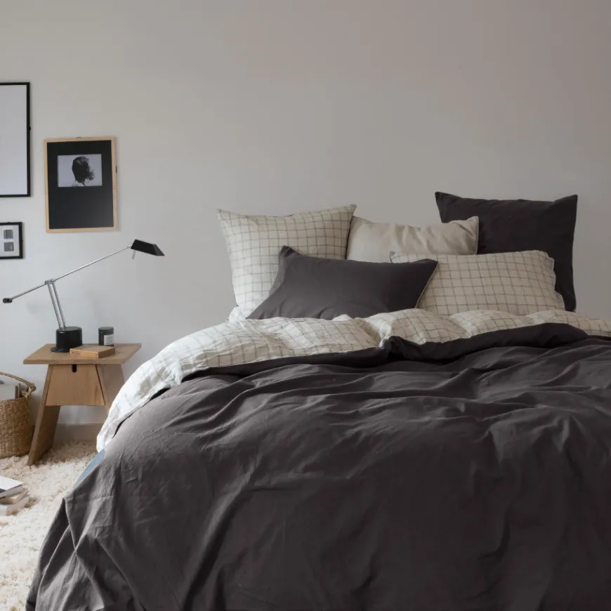 Housses De Couette|Carré Blanc Housse de couette lin et coton lavé Songe charbon carreaux