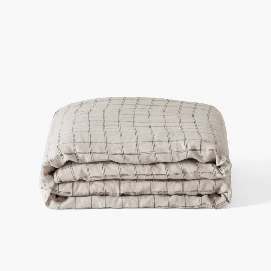 Housses De Couette|Carré Blanc Housse de couette lin et coton lavé Songe charbon carreaux