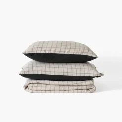 Housses De Couette|Carré Blanc Housse de couette lin et coton lavé Songe charbon carreaux