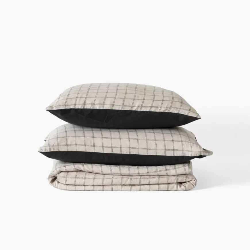 Housses De Couette|Carré Blanc Housse de couette lin et coton lavé Songe charbon carreaux