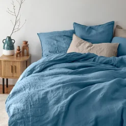 Housses De Couette|Carré Blanc Housse de couette lin et coton lavé Songe bleu baltique