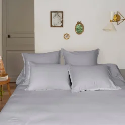 Housses De Couette|Carré Blanc Housse de couette satin de coton jacquard pois et rayures Prestige tourterelle