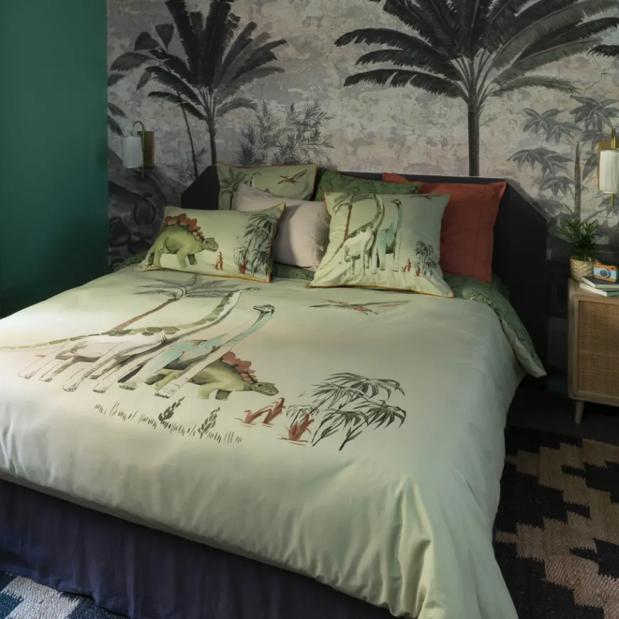 Linge De Litbio|Carré Blanc Parure de lit réversible pur coton biologique Dinotopi kaki