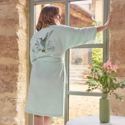 Coffrets Cadeaux|Peignoirs Femme|Carré Blanc Peignoir femme coton col kimono Calypte vert d'eau
