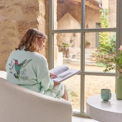 Coffrets Cadeaux|Peignoirs Femme|Carré Blanc Peignoir femme coton col kimono Calypte vert d'eau