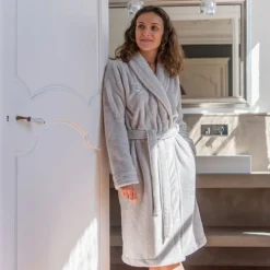 Coffrets Cadeaux|Robes De Chambre Femme|Carré Blanc Robe de chambre polaire col châle femme Equinoxe tourterelle