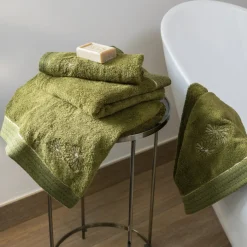 Serviettes De Toilette|Carré Blanc Serviette de toilette coton et viscose de bambou Silvalys vert mousse