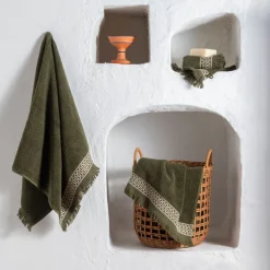 Serviettes De Toilette|Carré Blanc Serviette de toilette coton Villasol vert kaki