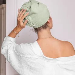 Coffrets Cadeaux|Accessoires Beauté|Carré Blanc Serviette pour cheveux en velours de coton biologique Naturelle eucalyptus