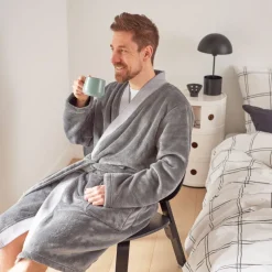 Coffrets Cadeaux|Robe De Chambre Homme|Carré Blanc Veste homme polaire col kimono Grizzli gris